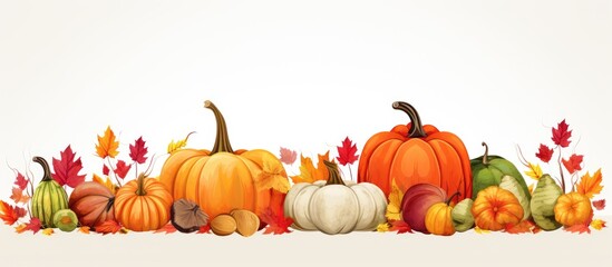 Poster - Copy space image of autumn fall baking food background featuring pumpkins apples nuts and seasonal spices arranged on a white surface Perfect for cooking mouthwatering pumpkin or apple pie as well as