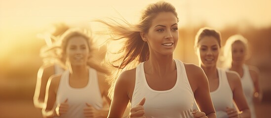 Poster - A group of young women energetically jogging together with a copy space image in the background