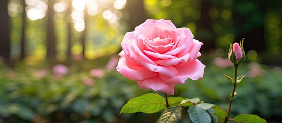 A pink rose flower is in full bloom against a lush green garden backdrop providing ample copy space for a Valentine s Day card