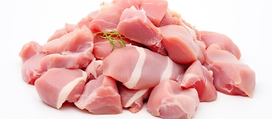 Sticker - A copy space image of diced raw chicken meat and uncooked poultry fillets is presented on a white background