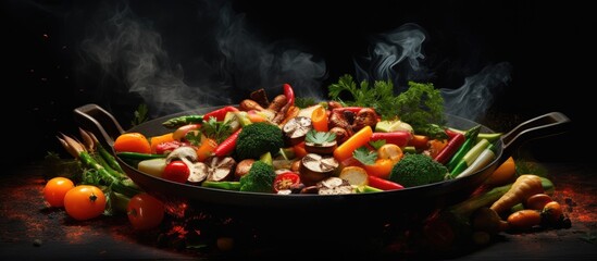 Fototapete - A delicious assortment of vegetables is sizzling in a frying pan set against a dark background. with copy space image. Place for adding text or design