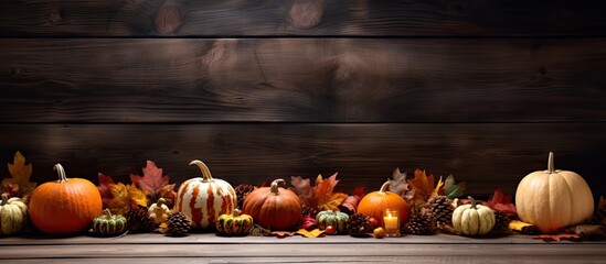 Poster - At a dark wooden table there is a festive autumn background with pumpkins pine cones and leaves surrounding a copy space image
