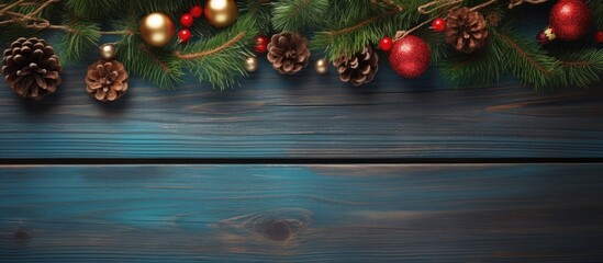 Poster - Top view of a Christmas background adorned with festive fir branches and Christmas decorations Perfect for adding text with copy space image available
