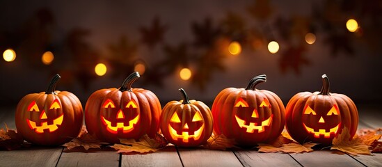 Poster - Halloween themed jack o lanterns arranged on a bed of maple leaves with a white background for optimal copy space image