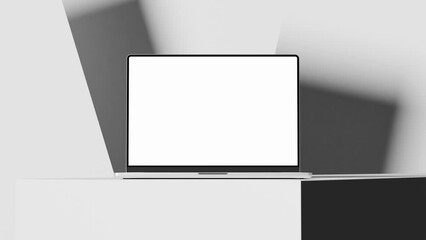 Poster - Laptop with green screen on white desk – abstract black and white mockup animation with tracking and matte