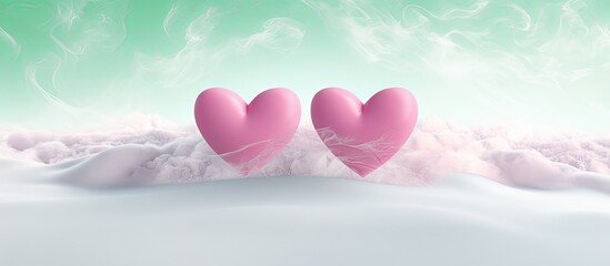 Poster - A banner featuring two green velvet hearts rests within a pink snowdrift leaving ample room for a copy space image