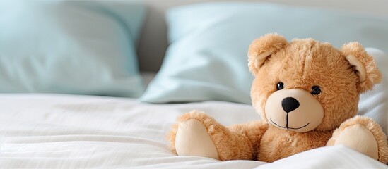 Poster - A lonely teddy bear depicting waiting and loneliness rests on a bed It symbolizes the concept of hide and seek in a relationship representing love This cute toy can be used as a copy space image for d
