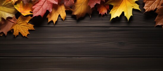 Poster - Autumn leaves arranged in a flat lay composition on a wooden background creating an open space for text in the image. with copy space image. Place for adding text or design