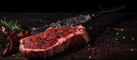 Poster - A close up copy space image of raw meat with a chef s hatchet on a dark background