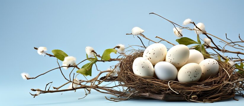 A nest made of twigs holding white eggs with a background suitable for inserting images. with copy space image. Place for adding text or design