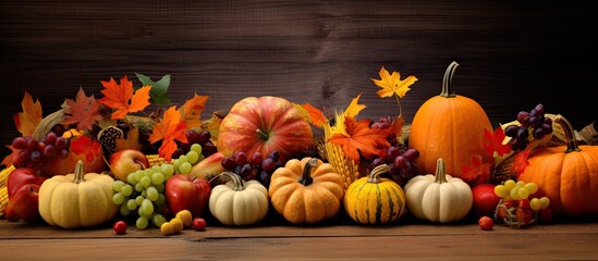 Poster - Festive autumn decorations including pumpkins berries and leaves evoking the spirit of Thanksgiving day or Halloween A copy space image adds to the charm