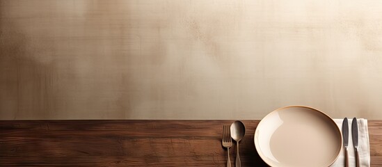 Poster - A food background featuring a table with copy space showcasing a white ceramic plate and cutlery
