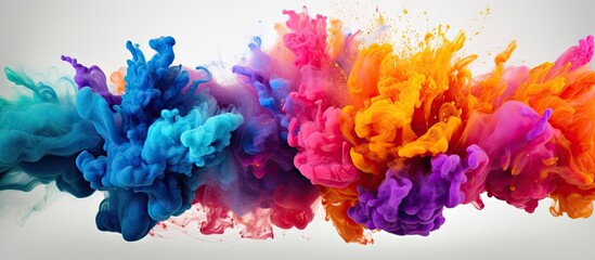 Poster - A colorful explosion of abstract powder splatters on a white background creates a vibrant and dynamic copy space image