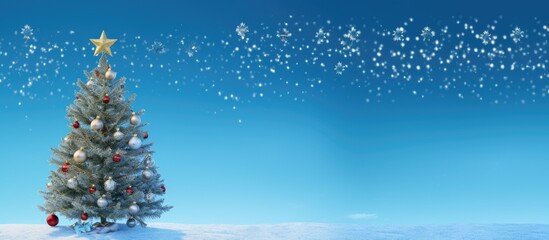 Poster - Blue sky with a Christmas tree adorned with decorations allowing for ample space for an image