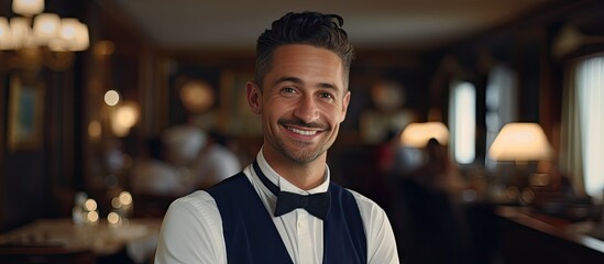 Poster - A cheerful waiter employed in a hotel gazes directly at the camera with a contented smile The frame features ample copy space
