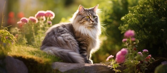 Poster - Cat image with British Longhair breed gracefully posing in a lush garden environment. with copy space image. Place for adding text or design