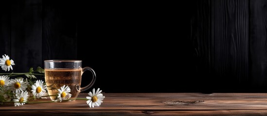 Aufkleber - On a black wood table there is a cup of chamomile tea with dried flowers creating a visually appealing copy space image