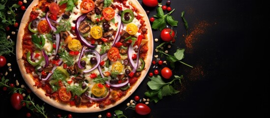 Poster - A delicious freshly made vegetable pizza with a colorful medley of toppings showcased in a copy space image