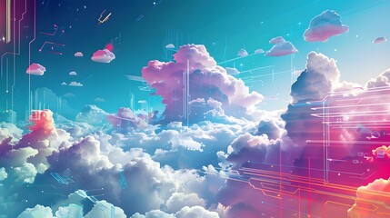 Poster - A vibrant scene of Cloud Computing services, depicted as data and applications floating seamlessly between interconnected clouds and devices