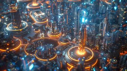 Poster - A cityscape with buildings and a glowing orange center. The city is illuminated with neon lights and the atmosphere is futuristic and vibrant