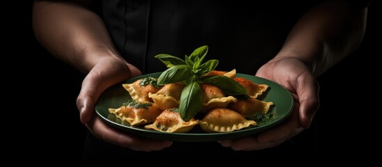 Poster - A person s hand holds a plate of fresh Ravioli topped with basil creating a creative composition on a dark background This copy space image represents the concept of Italian homemade healthy food
