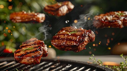 Wall Mural - Grill Pork Chops Beef steaks, realistic 3d brisket flying in the air, grilled meat collection, ultra realistic, icon, detailed, angle view food photo, steak composition