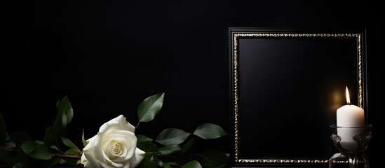 Poster - An elegant photo frame for a funeral featuring a ribbon white rose and candle placed on a dark table against a black backdrop providing ample room for design