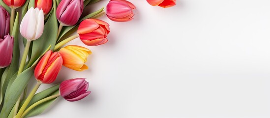Poster - A flat lay banner featuring a beautiful bouquet of tulips on a white background capturing the essence of International Women s Day and the arrival of spring Ample copy space is provided for customizat