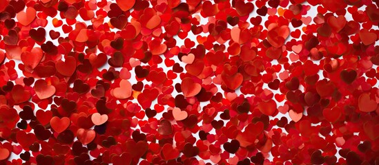 Poster - Above view of a flat lay containing a pattern of red confetti for Valentine s day The image has copy space