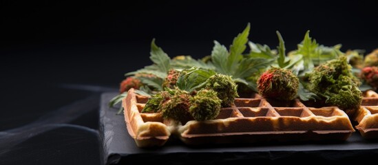 Poster - A delicious waffle topped with marijuana buds perfect for satisfying those post smoking munchies The waffle sits on a black stone background with copy space on the right