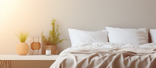 Poster - Bedroom setting with table top and blurred background perfect for inserting images or text with copy space