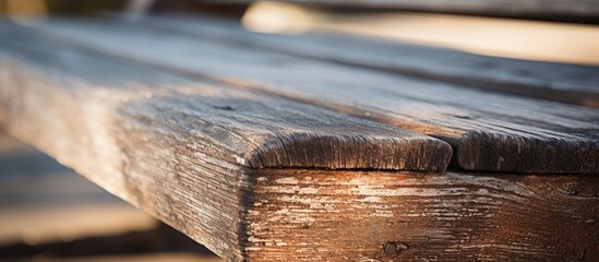 Poster - A close up copy space image of a worn and faded wooden bench basking in the morning sun
