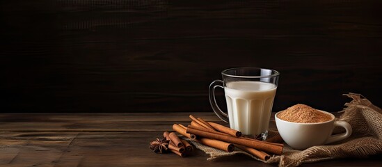 Poster - A copy space image of black tea with milk cane sugar cinnamon sticks and a sweet dessert arranged on a wooden table