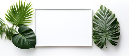 Poster - A flat lay of a picture frame adorned with a beautiful tropical leaf against a white background creating an elegant and decorative design. with copy space image. Place for adding text or design