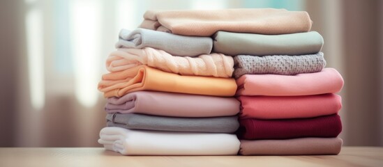 Poster - A close up background image of a stack of neatly folded women s clothes on top of a bedroom dresser The stack consists of various pastel colored sweaters providing ample copy space