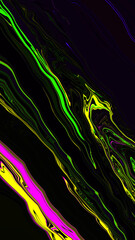 Wall Mural - Bright fluid purple black yellow pink neon green texture background. Abstract liquid light wavy line. Art trippy digital glitch backdrop. Banner. Card. Tech pattern. Rock. Marble texture. Brochure.