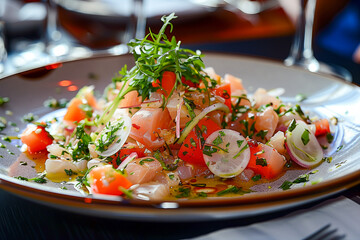 Wall Mural - A plate of Ceviche with a variety of vegetables and a garnish of parsley