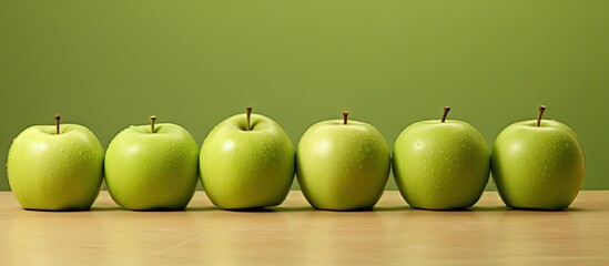 Poster - A close up of fresh green apples on the table with plenty of copy space for an image