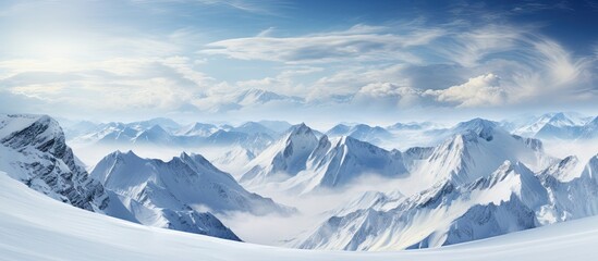 Poster - A pristine landscape of towering snow covered peaks with vast expanses of untouched white. with copy space image. Place for adding text or design