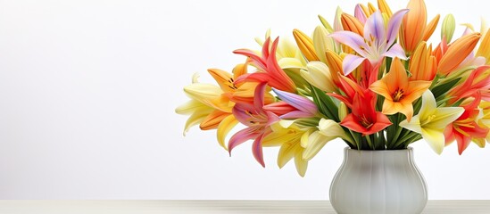 Poster - Bright and beautiful multicolored tulip bouquet in a vase set against a white background This copy space image represents the concept of a spring gift with vibrant spring or summer flowers