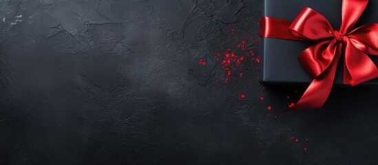 Poster - A black Friday sale with a red bow presents itself on a dark background The image is captured from a top down perspective showcasing a flat layout with ample space for text or advertising