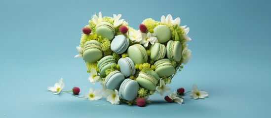 Leinwandbilder - A heart shaped cake made of green pistachio macaroons adorned with various flower buds is showcased on a blue background It offers ample copy space and represents bakery cooking gifts and a conceptua