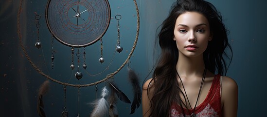 Poster - A girl with a dreamcatcher hanging alongside her in a beauty portrait photo that has ample space for copying