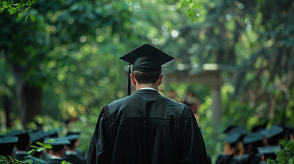 Sticker - an american male wearing a black graduation cap and gown with other students sitting at an outdoor auditorium for their college graduation ceremony
