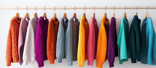 Poster - A line up of vibrant knitted sweaters along with a t shirt hang gracefully on hangers against a pristine white background ready for display in a copy space image