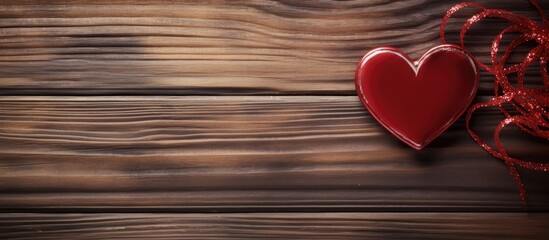 Poster - A copy space image of a heart decorated for Christmas placed against a rustic wood background