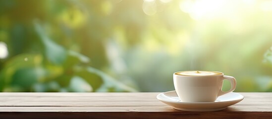 Poster - A copy space image of a cup of coffee resting on a white table is surrounded by a softly blurred natural background