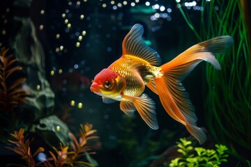 Wall Mural - Peaceful fish tank setting. Goldfish swimming in stunning aquatic plants
