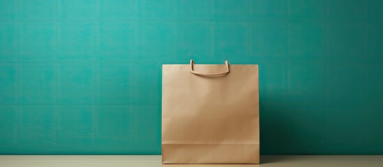 Poster - Mint background with blank paper bag providing space for text. with copy space image. Place for adding text or design