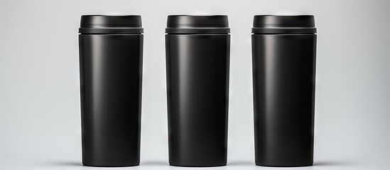 Poster - A clean black thermos cup with a black lid providing copy space for text on its blank surface The cup is isolated on a transparent background allowing for different shooting angles A set of three pho